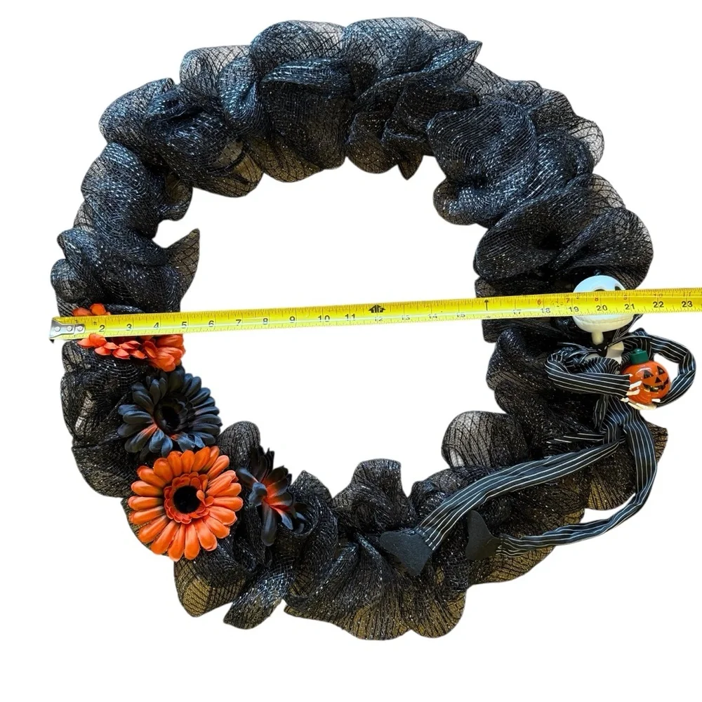 Halloween Black Mesh Wreath with Jack Skellington Figurine & Orange Flowers – 22